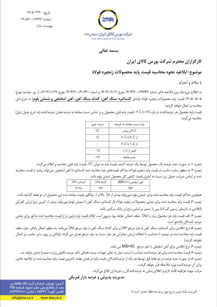 ابلاغیه محاسبه قیمت پایه محصولات زنجیره فولاد در بورس کالا + فرمول